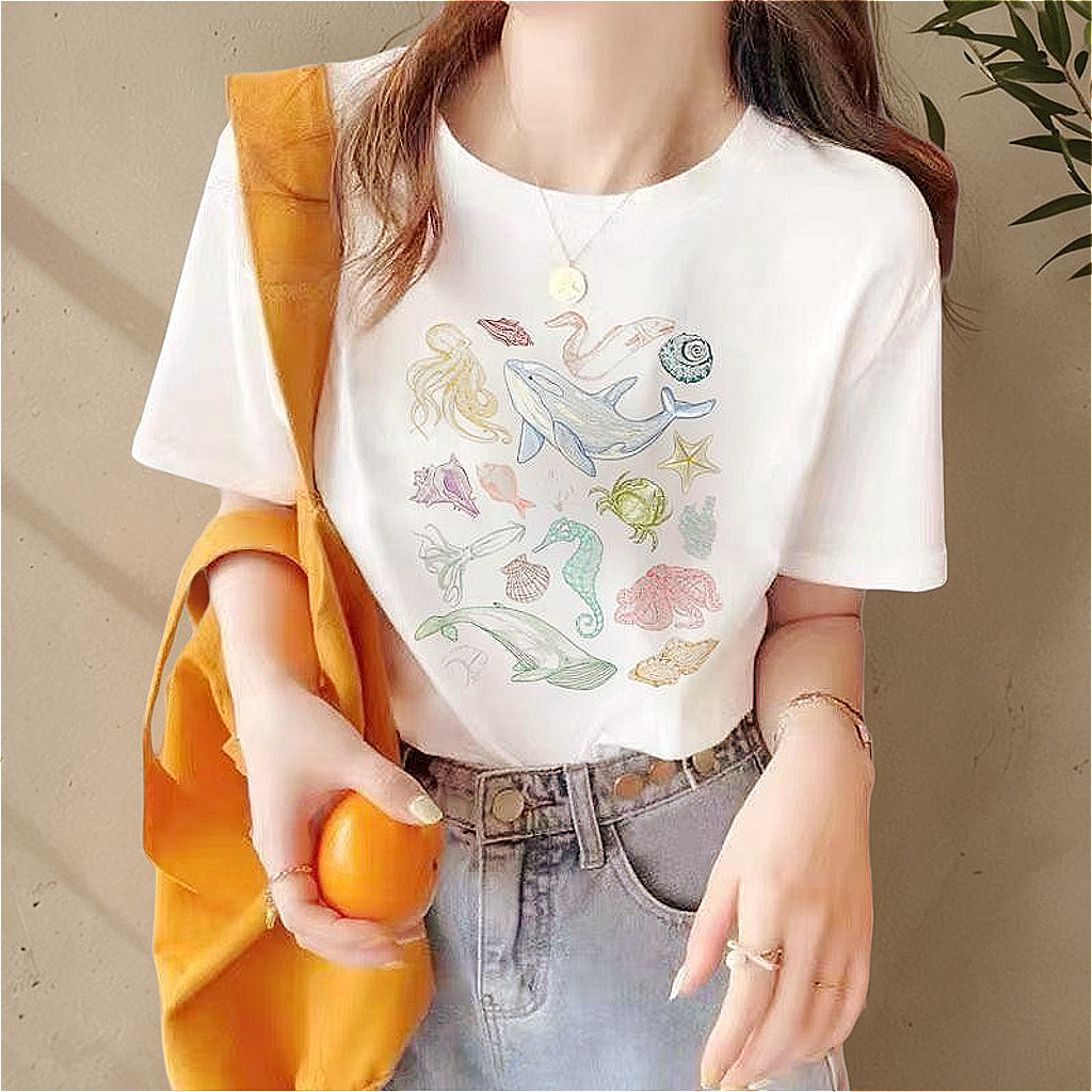 เสื้อยืดลายทะเล ลายวาฬ ม้าน้ำ เปลือกหอย โทนพาสเทล น่ารักสดใส