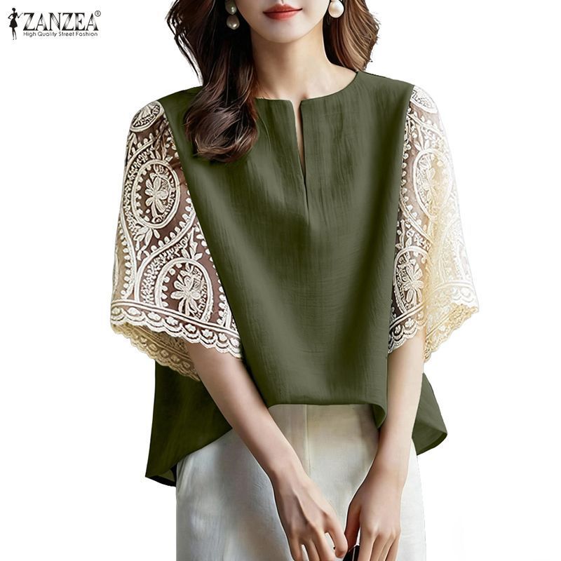 ZANZEA ผู้หญิงเกาหลี Elegant Refined Luxe รอบคอลูกไม้ Patchwork Contrast สีหลวม Fit เสื้อ