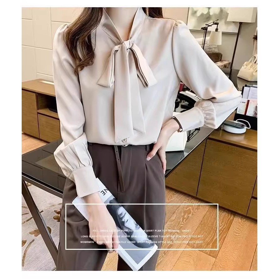เสื้อเชิ้ตแขนยาวสำหรับผู้หญิงตัวนี้ตกแต่งด้วยริบบิ้นผูกและโบว์ในดีไซน์สีพื้น เหมาะสำหรับใส่ไปทำงาน#99248 ราคา ถูกที่สุด ดีลบีเคเค แกลเลอรีภาพที่ 9
