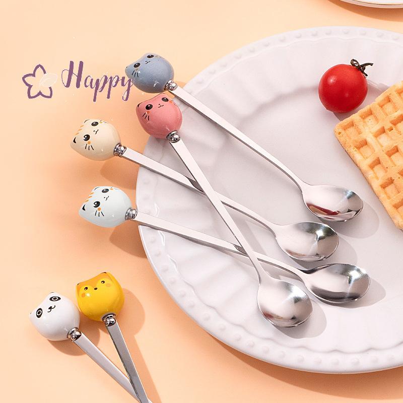  กาแฟและขนม ช้อน เครื่องใช้บนโต๊ะอาหาร เครื่องมือครัวไอศครีมการ์ตูนกวนช้อนสแตนเลสยาวแมวจับช้อนเซรามิกลดราคา