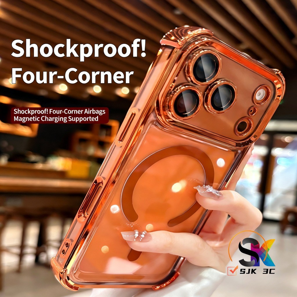 หรูหรา 6D ชุบสี่มุมป้องกันการล่มสลายเคสโทรศัพท์แม่เหล็กสําหรับ IPhone 17 PRO MAX 17Air 12 13 14 15 16 PRO MAX Clear Hard Case ถุงลมนิรภัยกันกระแทก