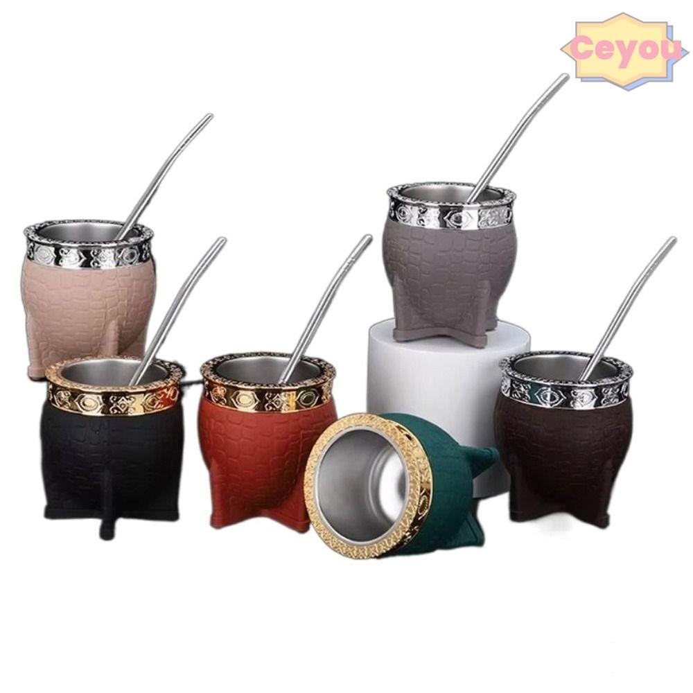 CEYOU Mate Cup, Double-layer Turtle Shell Texture Insulated Cup,สแตนเลส 260ml ถ้วยเปลือกไข่Yerba Mat