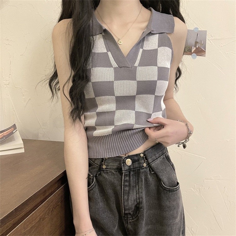 GBV เกาหลีเพชรเสื้อครอปผู้หญิงรหัส 6859 ลายสก๊อตถักเสื้อกั๊ก Crop Top เกาหลีถักเสื้อกั๊ก V คอยืดวัสด