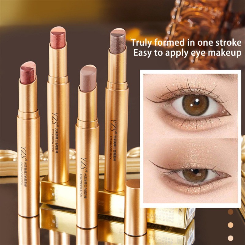 YZS อายแชโดว์ Stick Golden Diamond Three-Color Beauty Shimmer อายแชโดว์กันน้ํา Stick ดินสอ