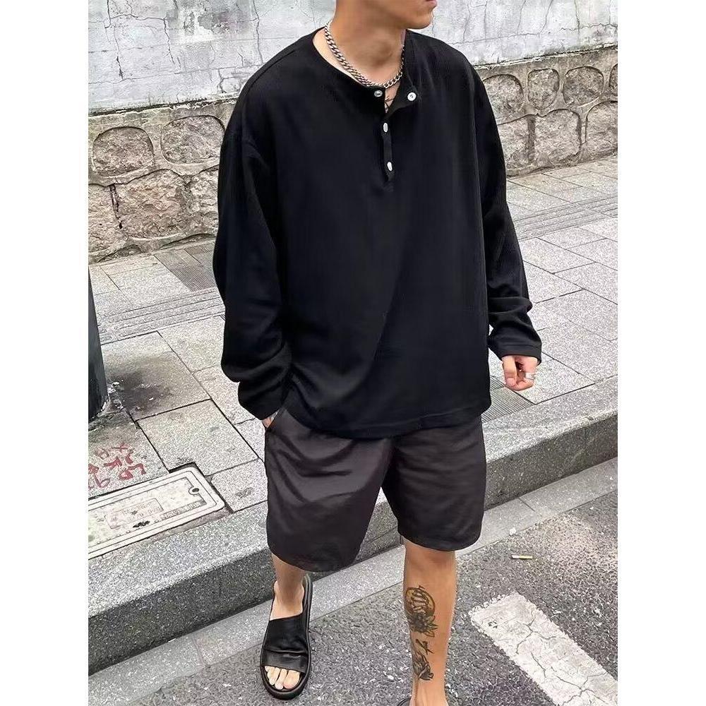 77UNI T-shirt long-Sleeve T54 เสื้อยืดผู้ชาย แขนยาว คอกระดุมแป๊ก ลำลองทรงหลวม เสื้อวินเทจ เสื้อยืดคอกลม
