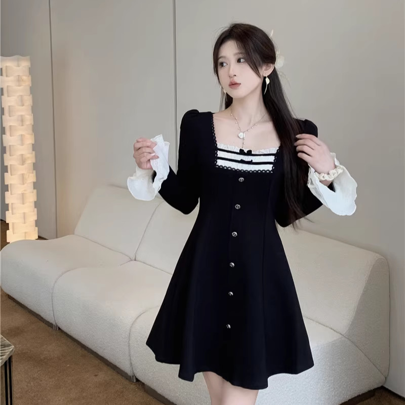 ส่งจากไทย (S-4XL)❗ชุดเดรสแขนยาว แต่งด้านหน้าเล็กๆ กระโปรงยาวพอดีตัว ทรงสวย สาวอวบ พลัสไซซ์