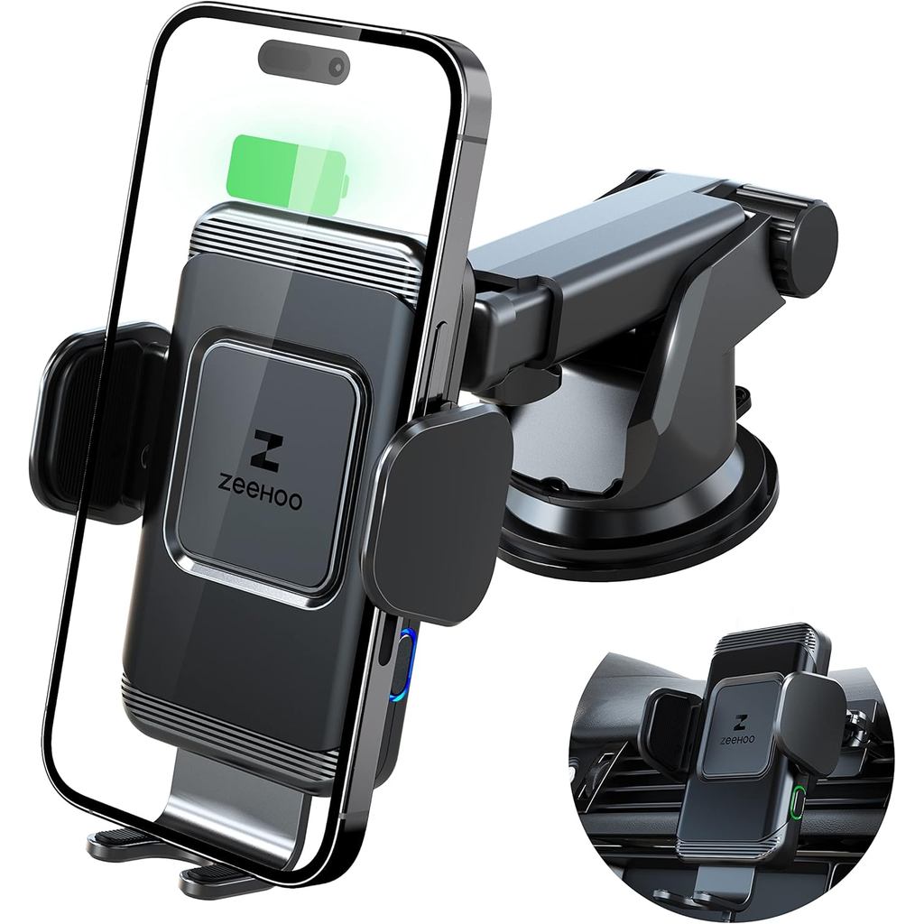 ZeeHoo Wireless Car Charger,15 W Fast Charging Auto-Clamping Car Mount,Windshield Dash Air Vent Phon