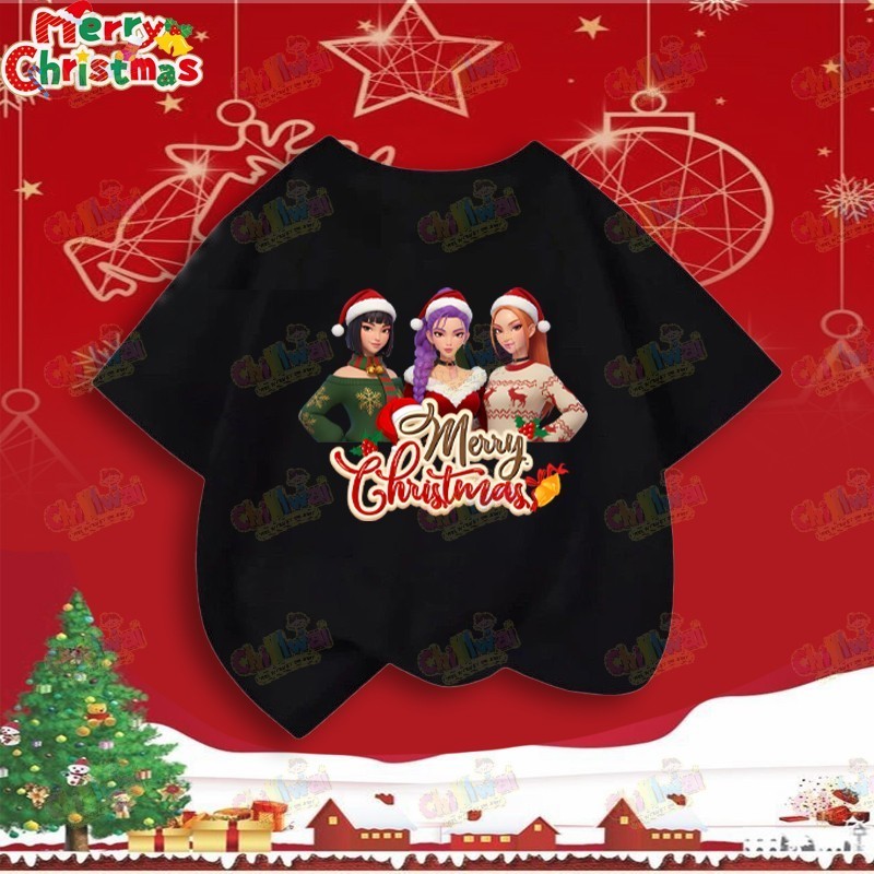 🎄เสื้อยืดคอกลมคริสต์มาสสำหรับเด็ก พร้อมดีไซน์ปีศาจคริสต์มาสสไตล์ K-POP 100%THAISHOPไซส์ 90-150CM