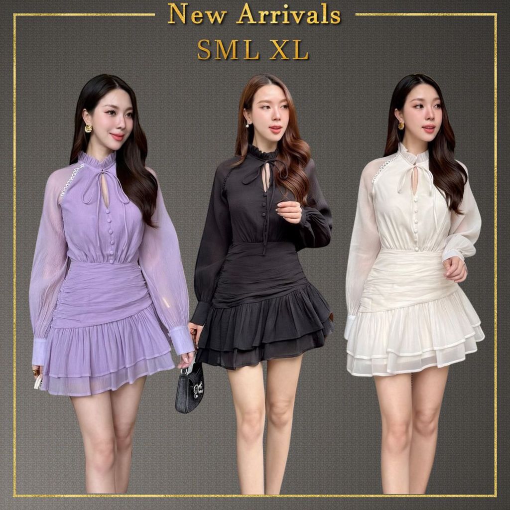 ❥ S-XL มินิเดรส สีม่วง สีครีม เดรสแขนยาว กระโปรงพลีทสั้น งานป้าย ADORA เดรสน่ารัก ชุดลุคคุณหนู