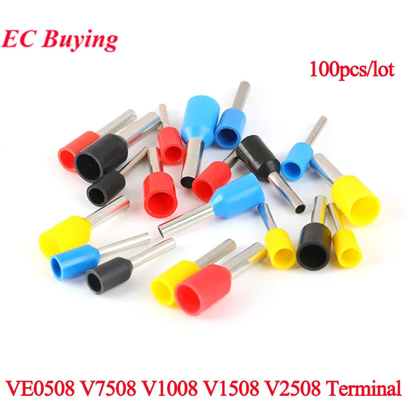 100 ชิ้น/ล็อตยุโรปสไตล์ Pin Terminal VE0508 7508 1008 1508 2508 ประเภทหลอดสายไฟสายเชื่อมต่อสีฟ้าสีดํ