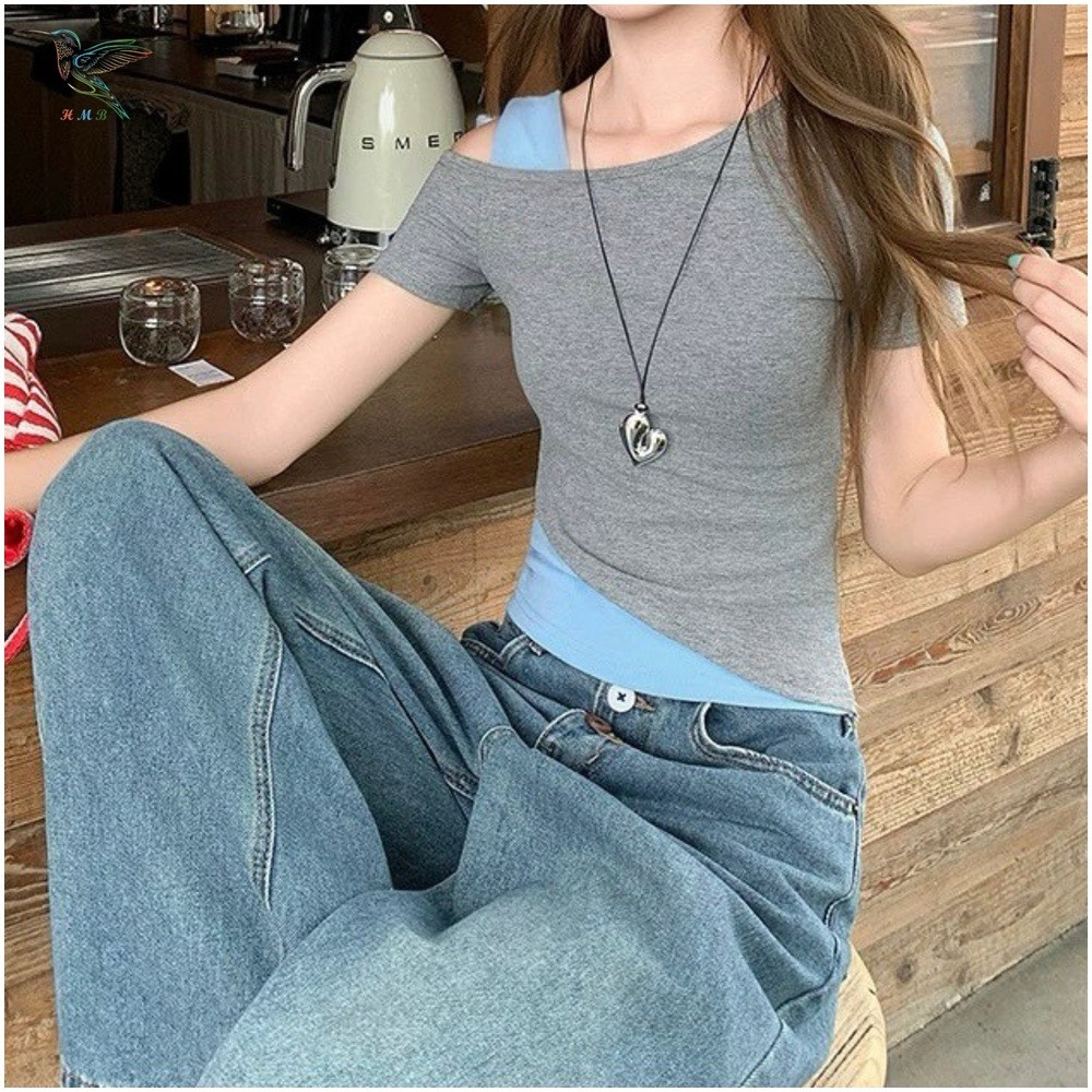 HMB® เสื้อยืดแฟชั่น แขนสั้น เปิดไหล่ แต่งสีทูโทน ผ้าคอตตอนผสม เนื้อผ้านิ่ม ดีไซน์ทรงเข้ารูป ทรงสวยแมทช์ง่าย t323# - รูปที่ 5