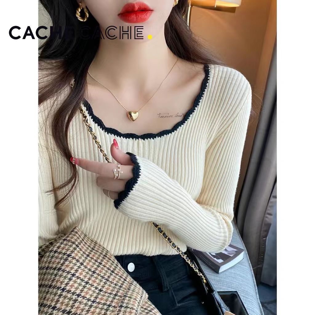 CACHE CACHE ต้นฤดูใบไม้ร่วงถักสไตล์ใหม่ขายร้อนรอบคอ Bottoming แขนยาวฤดูใบไม้ผลิฤดูหนาวเสื้อกันหนาว