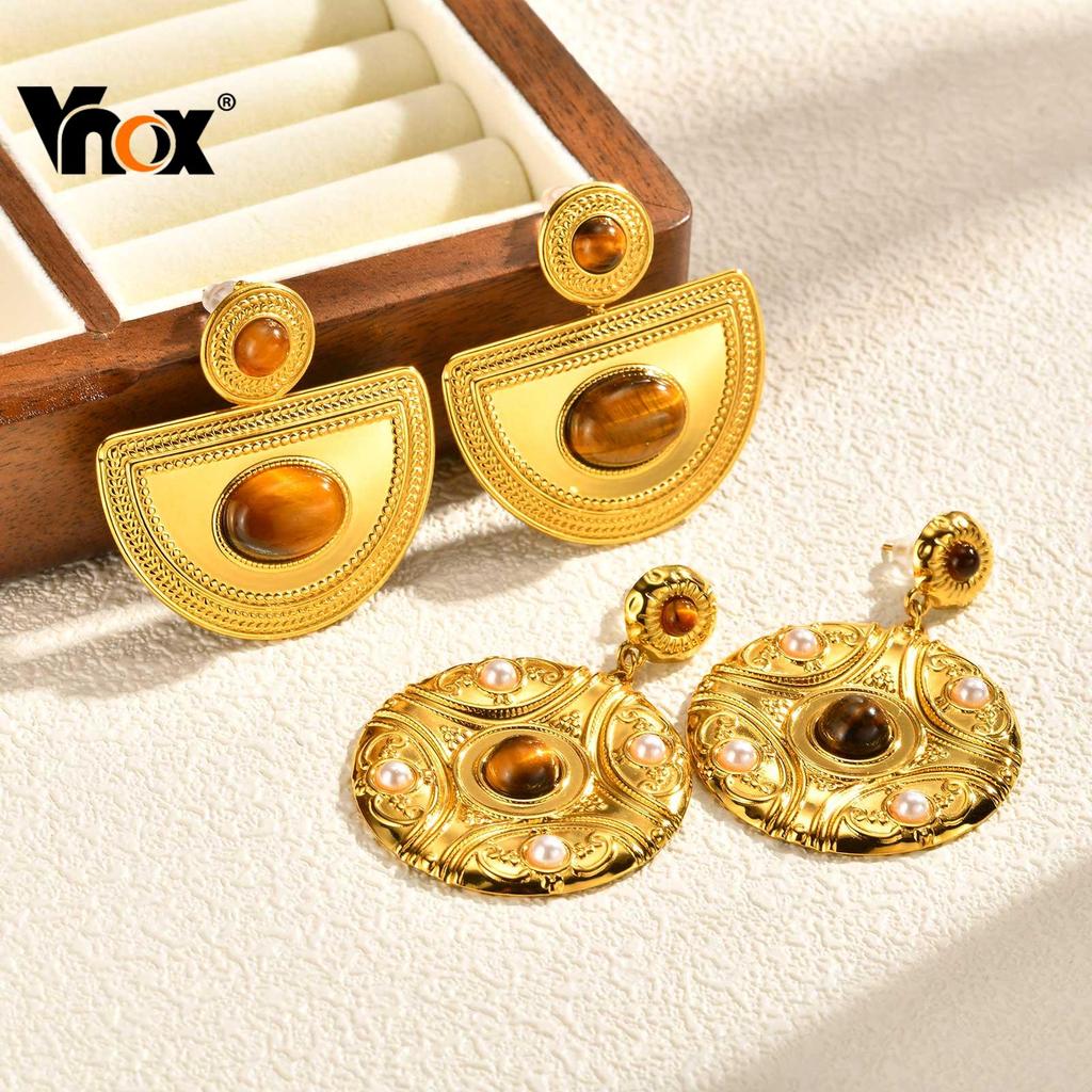 Vnox Vintage Textured Disc Bohemian Natural Stone Dangle Earring for Women Luxury Party Charm Jewelry Vintage Style