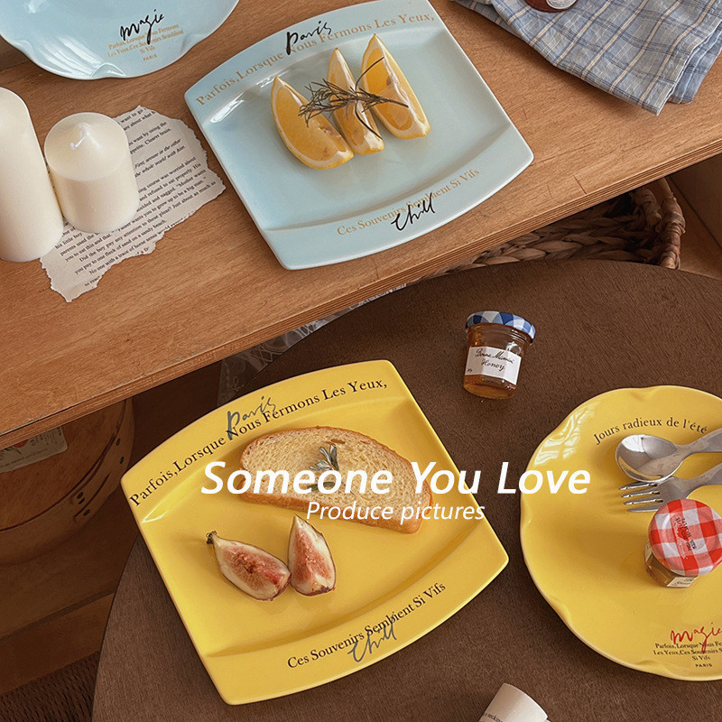 G GG ห้องครัว G3 A1 เกาหลี ins สไตล์จานขนมภาษาฝรั่งเศสคําสแควร์แผ่นเซรามิคอาหารเช้าจานขนมปังจานแบนเค