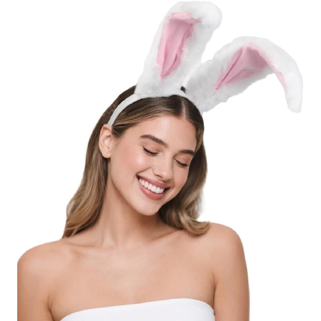 Huachi Bunny Ear Headbands for Women White Bunny Ears, Halloween Bunny Costume Cute Pink Rabbit Ears