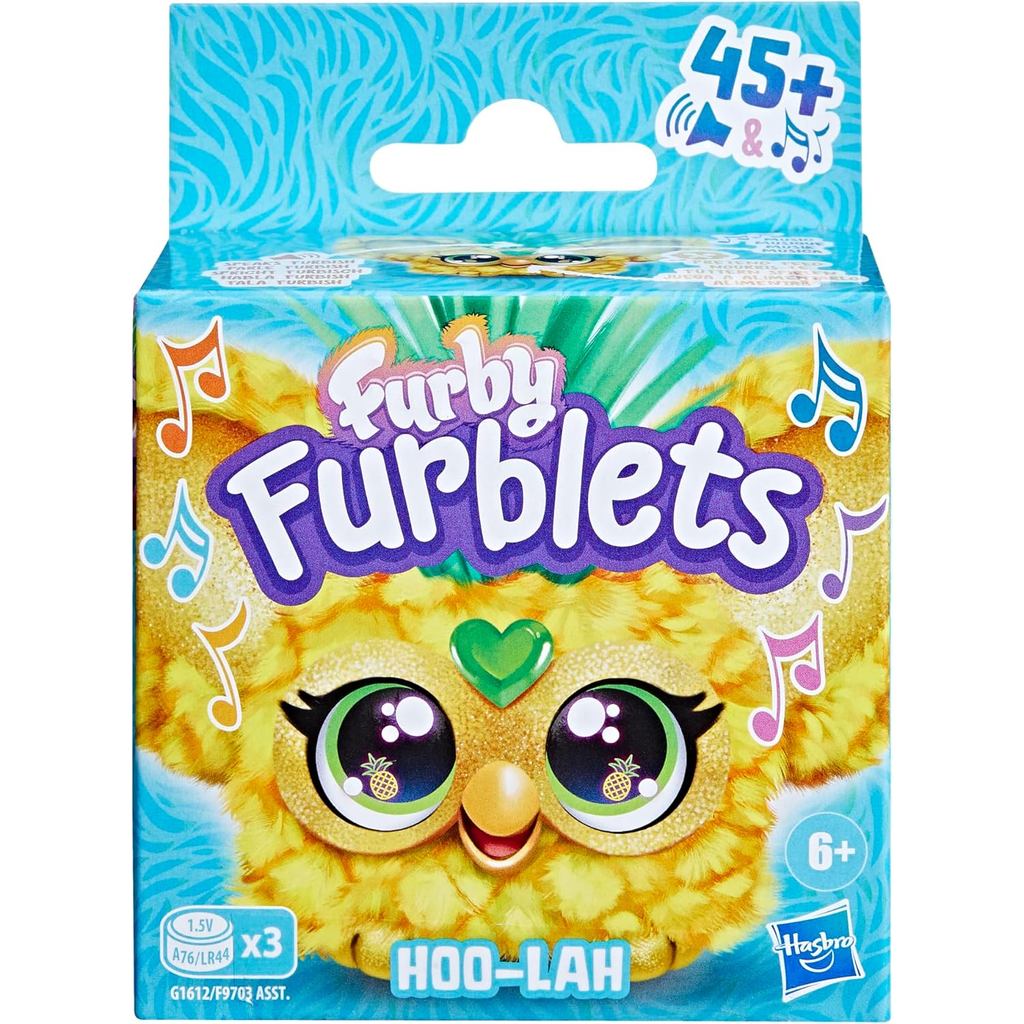 Furby Furblets Hoo Lah สับปะรด Mini Friend ของเล่นตุ๊กตาอิเล็กทรอนิกส์ 45 Plus เสียงและเพลงพูด Furbish สีเหลืองสีเขียวของขวัญสําหรับเด็กอายุ 6 Plus
