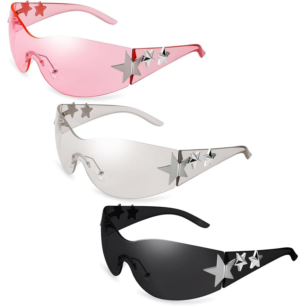 3 Pairs Y2K Sunglasses for Women Men Trendy Shield Wrap Around Sun Glasses Oversized Fashion Framele