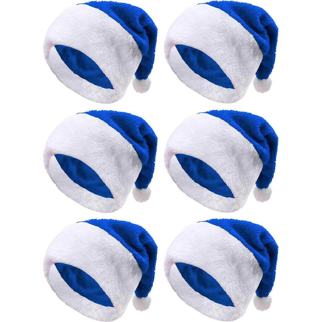 Aneco 6 Pack Blue Santa Hats with White Cuffs, Short Plush Fabric Christmas Hats for Xmas Party Supp