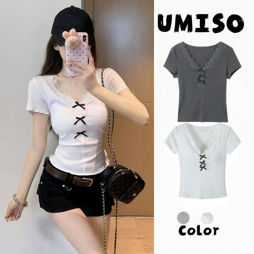 UMISO เสื้อยืด แต่งลูกไม้ตรงอก  ผ้ายืดรูปทรงสวย สไตล์เกาหลี