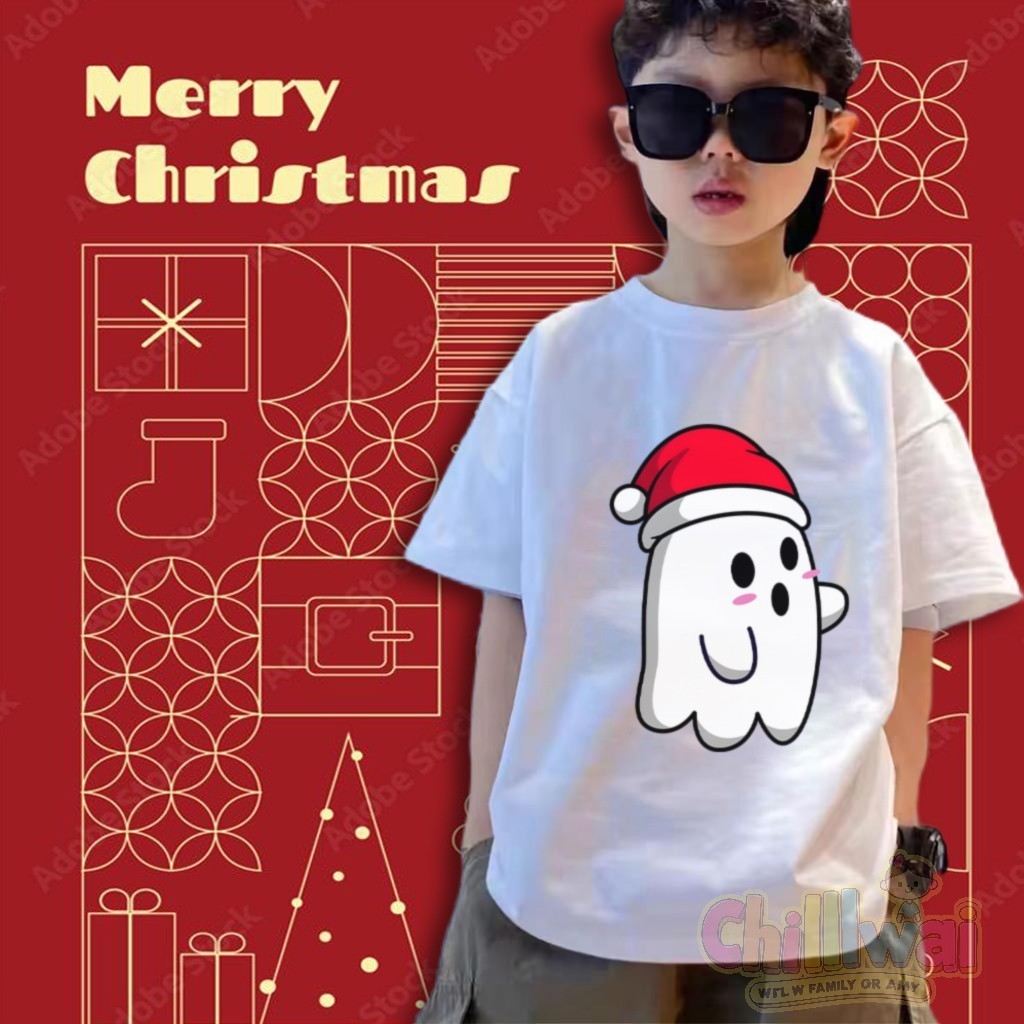 เสื้อยืดแขนสั้นพิมพ์ลายผีคริสต์มาสสุดน่ารัก คอกลม เหมาะสำหรับเด็กชายและเด็กหญิง 100%THAISHOPไซส์ 90-