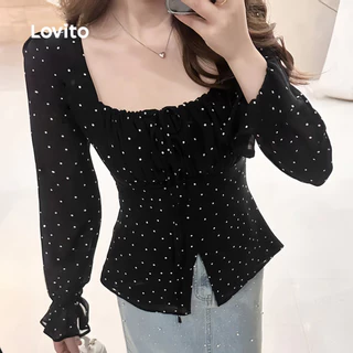Lovito เสื้อเบลาส์แคชชวลผูกเชือกสีดำ ฤดูใบไม้ร่วง/ฤดูหนาว งานศพ สำหรับผู้หญิง เกาหลี อินเทรนด์ L159AD021