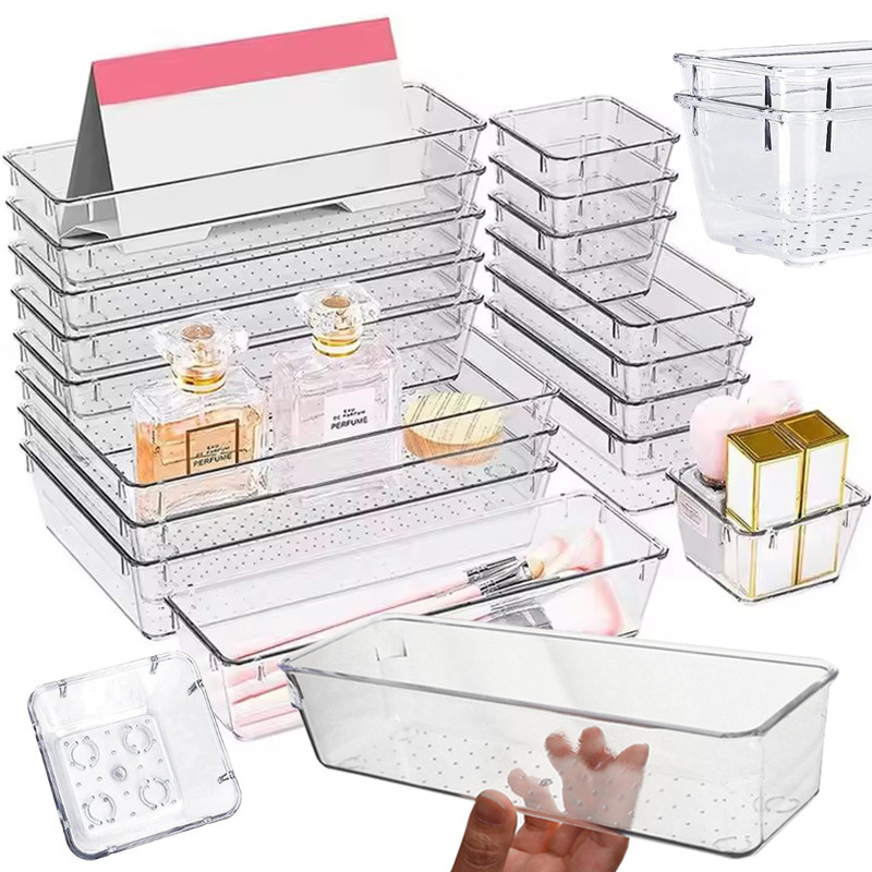 ถาดจัดระเบียบลิ้นชักโปร่งใสพลาสติก - กล่องเก็บของวางซ้อนกันได้กันลื่น Home Organizer