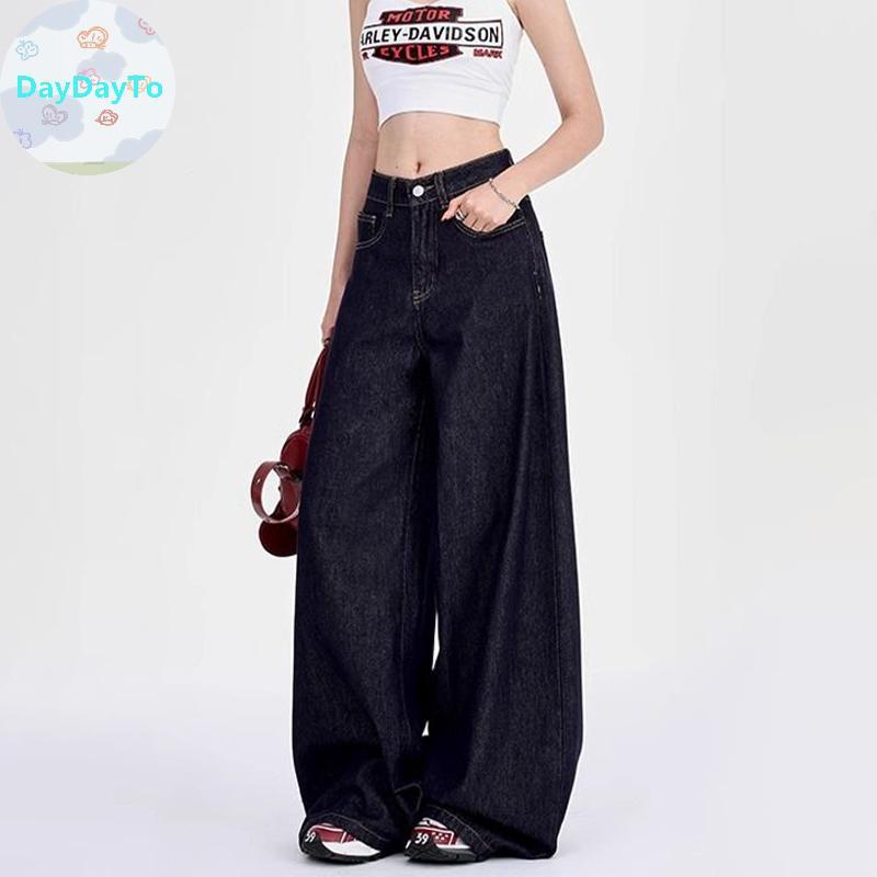 DayDayTo Dark Blue American Loose Wide-Leg Drape Lazy Casual Mopping Jeans สําหรับผู้หญิง TH