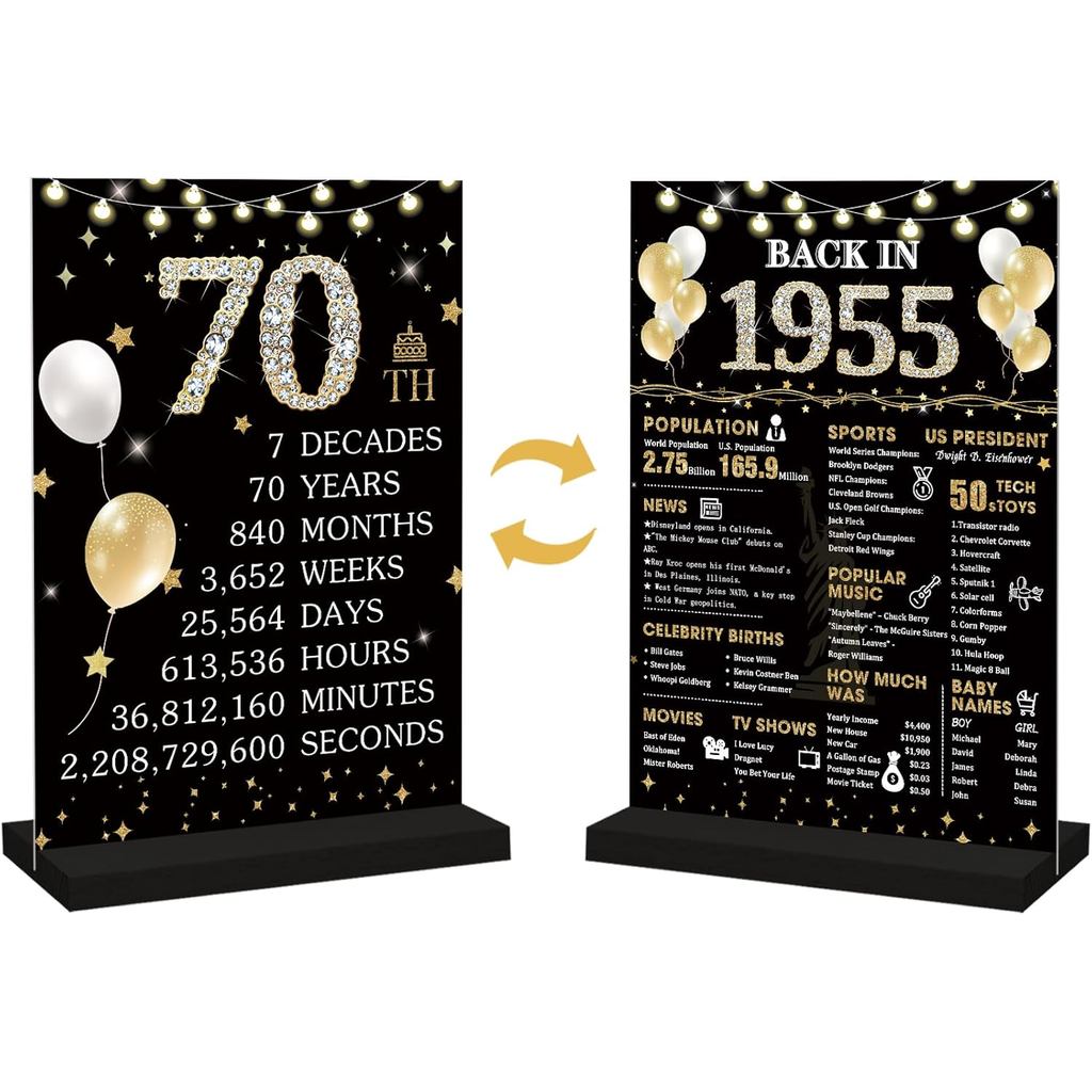 Roetyce 70th Birthday Decorative Gift for Women Men, Black Gold Back in 1955 Poster Acrylic Sign Cen