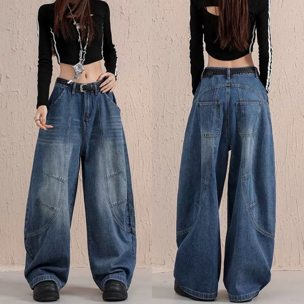 🎀Riley🎀กางเกงยีนส์ ทรงหลวม แถมผ้าและเข็มขัด กางเกงยีนส์เอวสูง สไตล์สตรีทเท่ ใส่สบาย พร้อมส่ง