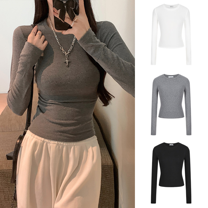 <Moses Queen> เสื้อยืดแขนยาวไหล่ตรง เสื้อพื้นฐานสำหรับใส่ชั้นในช่วงฤดูใบไม้ร่วงและฤดูหนาว แบบรัดรูป พื้นฐาน ใส่เข้ากับชุดได้ง่าย