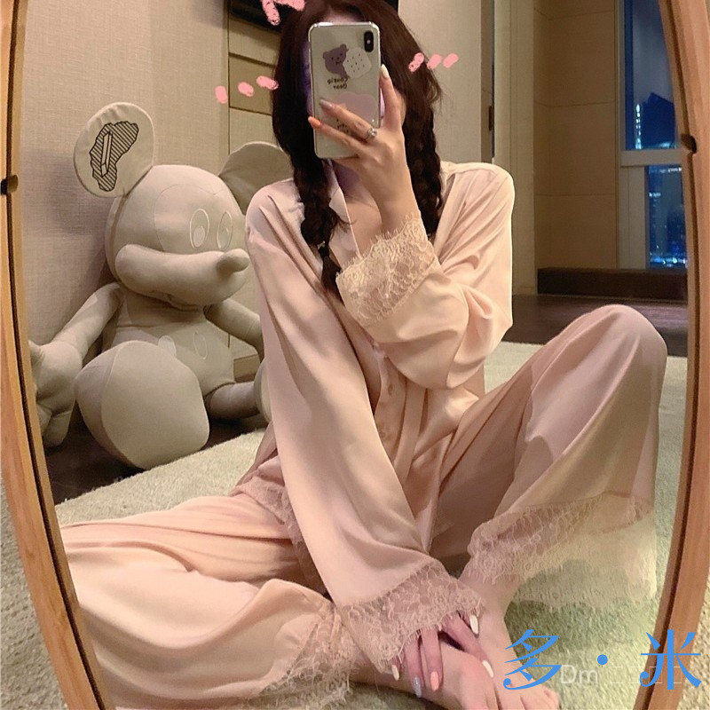 ทีที สไตล์ใหม่ร้อนขายฤดูใบไม้ผลิฤดูใบไม้ร่วงชุดนอนสไตล์ใหม่ผู้หญิงลูกไม้แขนยาวสไตล์เจ้าหญิงสวมใส่ด้านนอกคาร์ดิแกนผ้าไหมน้ําแข็งสองชิ้นฤดูร้อน ชุดบ้าน ชุ พี641
