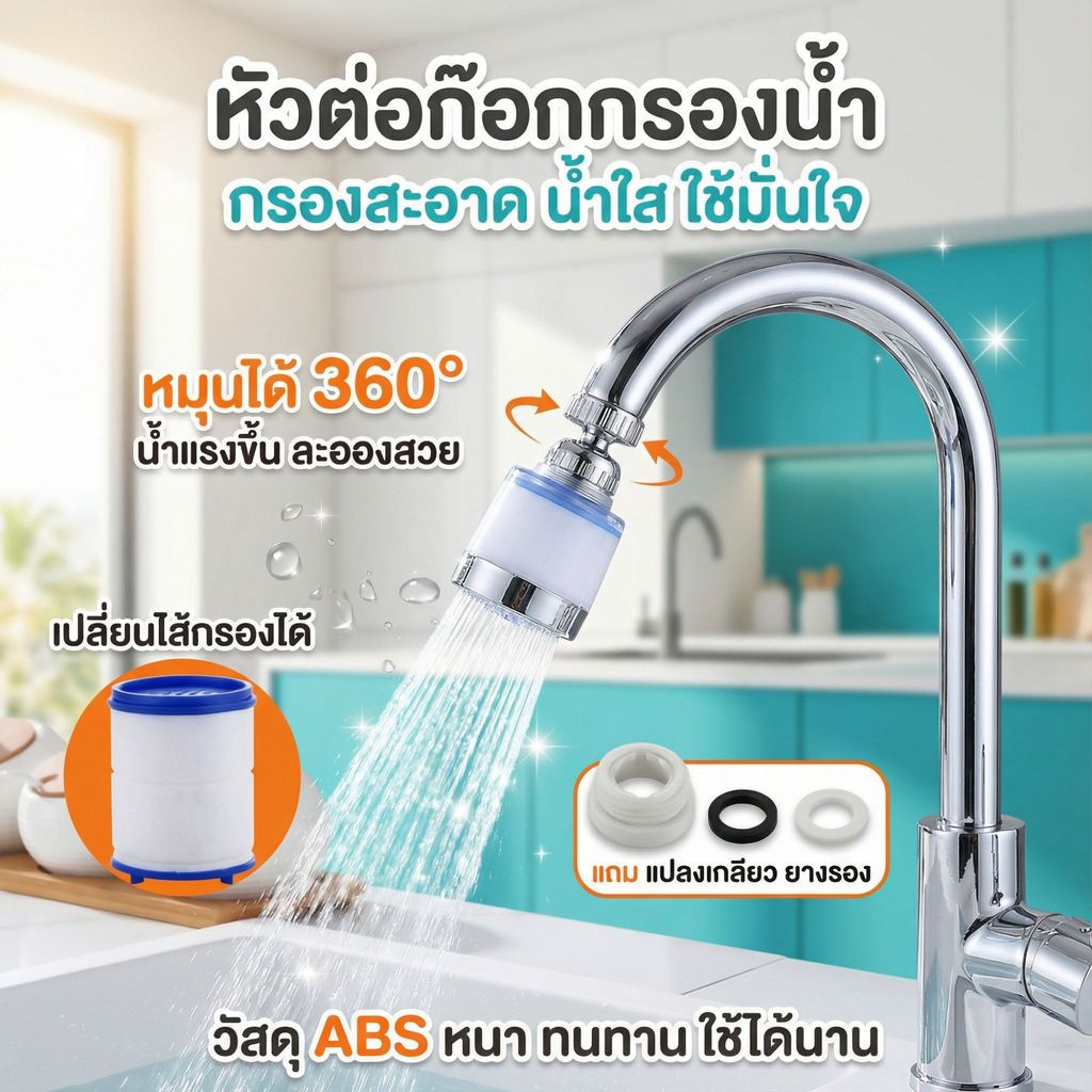 หัวต่อก๊อกกรองน้ำ หมุนได้ 360° เพิ่มแรงดันน้ำใสแรง ใช้ล้างผัก–ทำอาหารได้ปลอดภัย เปลี่ยนไส้กรองง่าย