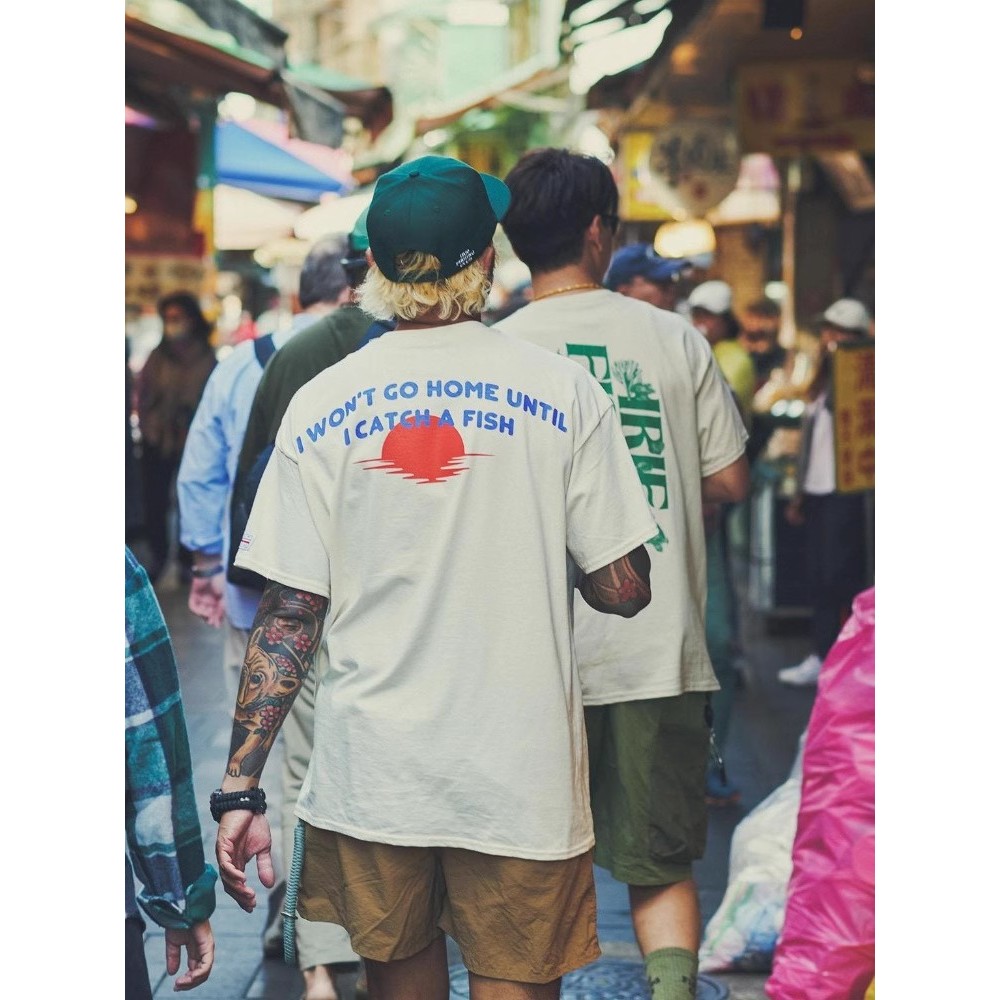 IFC ญี่ปุ่น Lure ตกปลาเสื้อผ้าอินเทรนด์รอบคอ Retro Daily Street เสื้อยืดแขนสั้น