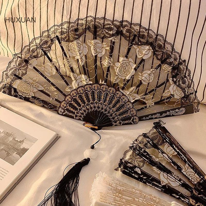 HUXUAN ลูกไม้พัดลมพับ sel งานแต่งงานคอสเพลย์ตกแต่งพัดลม Props RFT