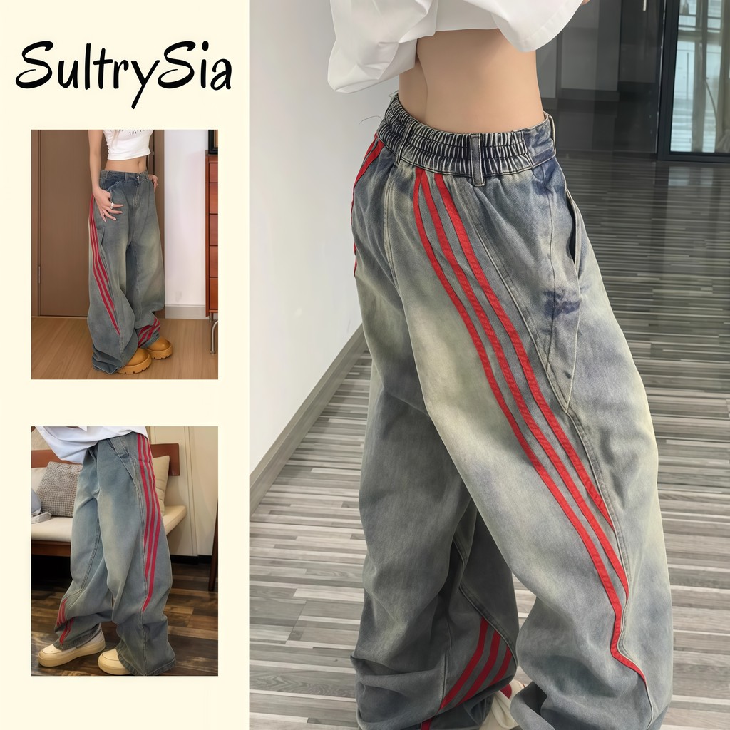 SultrySia กางเกงยีนส์ สีน้ำเงิน รายละเอียดแถบสีแดง สไตล์ลำลอง ผ้ายืด