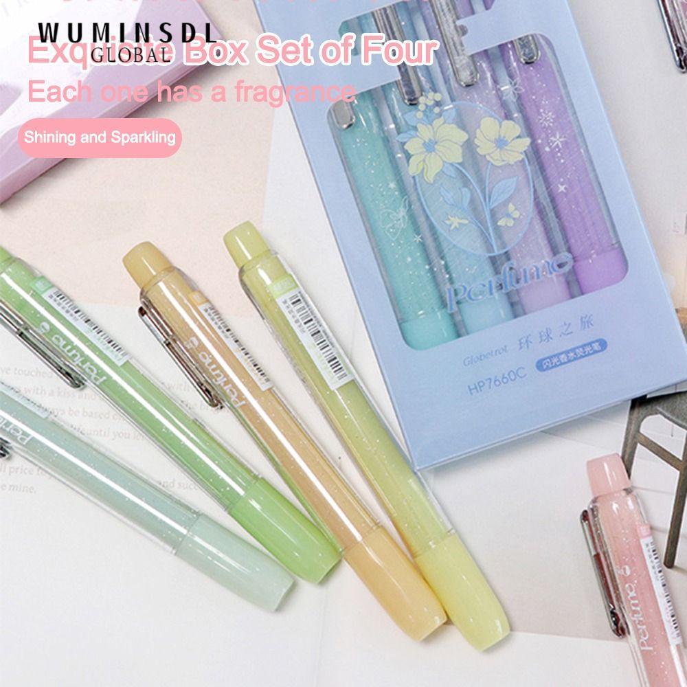WUMINSDL 4 ชิ้น Highlighter ปากกาเจลสีสันสดใสชุด DIY Glitter Art, Key Point ปากกาเรืองแสง Graffiti เ