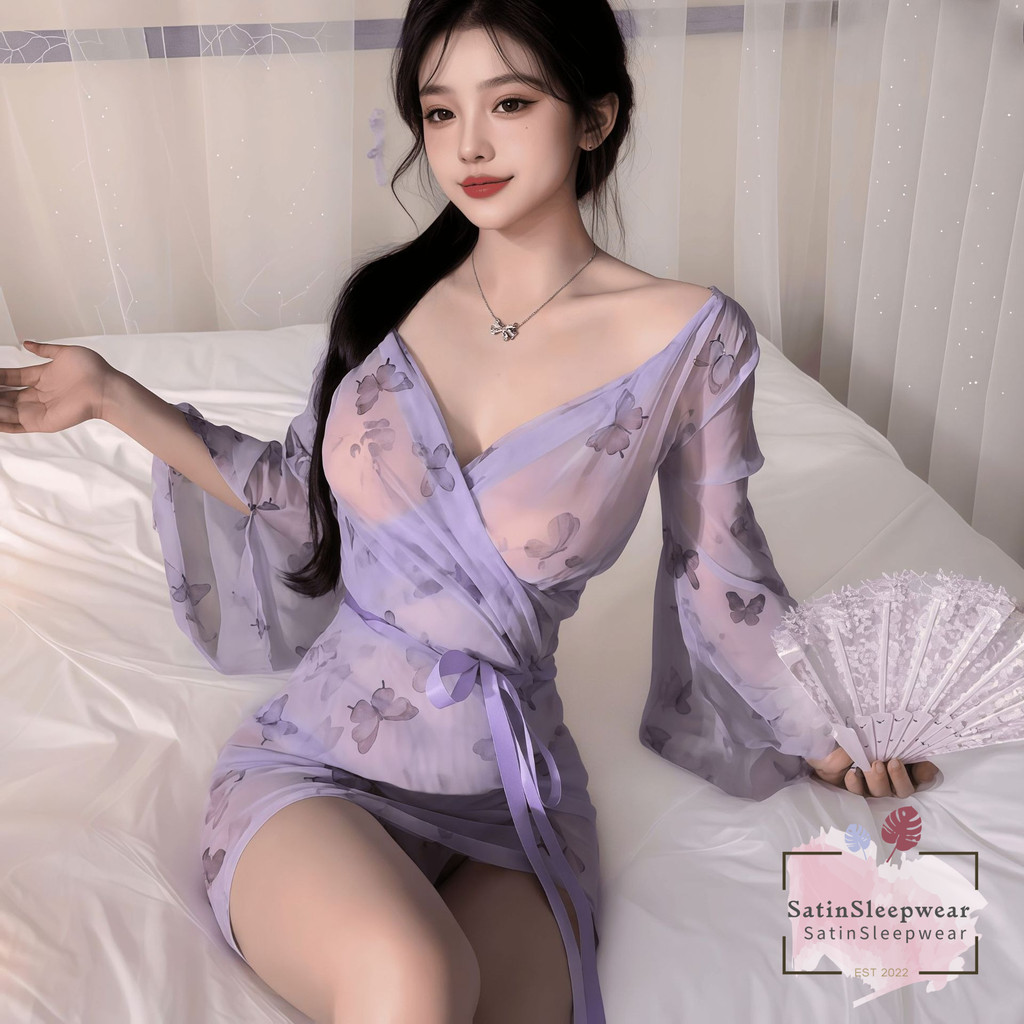 SatinSleepwear🦋🦋ชุดกิโมโนเซ็กซี่ ชุดสวมบทบาท ลายพิมพ์ผีเสื้อ เนื้อผ้าเรียบ เปิดหลัง.