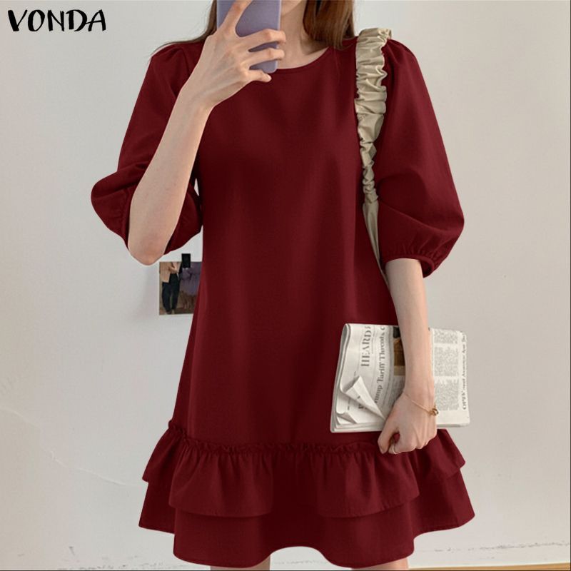 VONDA ชุดเดรสสไตล์เกาหลีสำหรับผู้หญิง ดีไซน์คอพัฟและแขนระบาย สไตล์ A-line สีทึบ — صورة 5