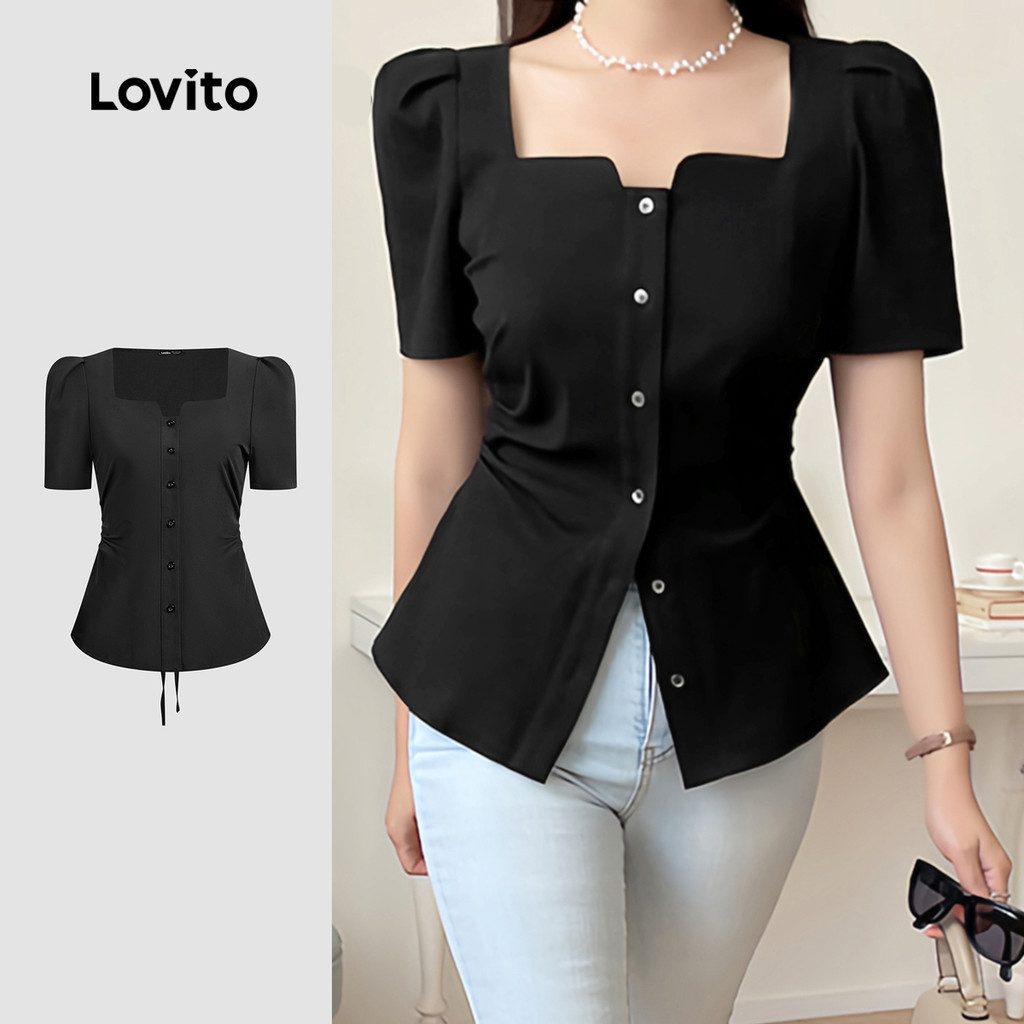 Lovito เสื้อเชิ้ตสีดำติดกระดุมเรียบหรูหราสำหรับผู้หญิง L134ED601