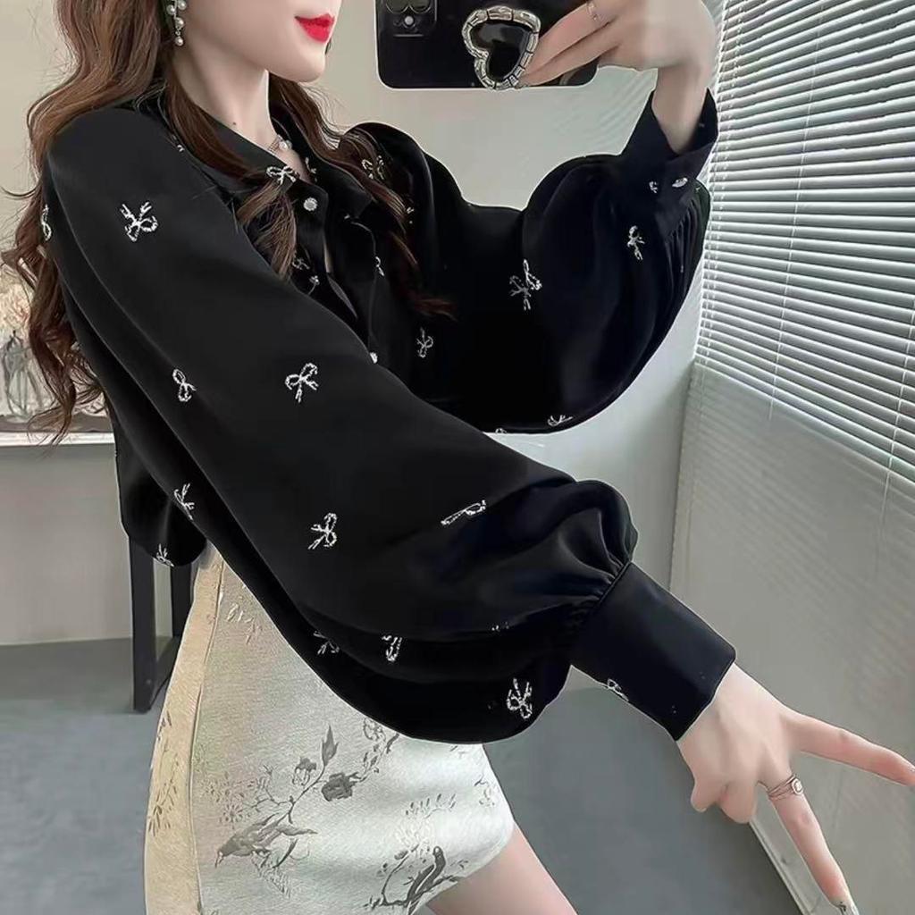 เสื้อคอปกพิมพ์ลายโบว์สำหรับผู้หญิง แขนพัฟ ผ้าชีฟอง เย็บอย่างดี เหมาะกับโอกาสต่างๆ