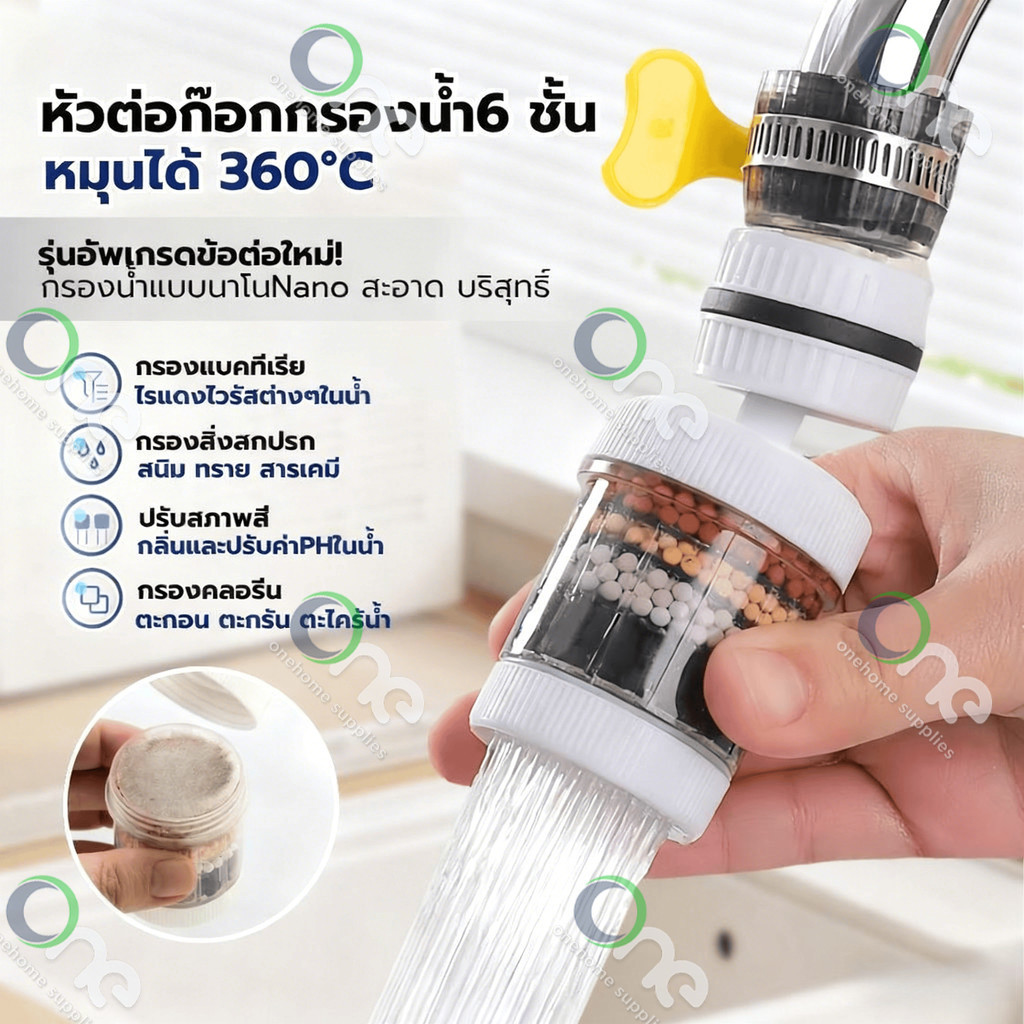 หัวต่อก๊อกกรองน้ำหมุนได้ 360C(อัพเกรดใหม่) ชั้นกรอง 6ชั้น กันน้ำกระเด็น หัวกรองก๊อกน้ำ ที่กรองน้ำ หัวกรองน้ำ ระบบน้ำ
