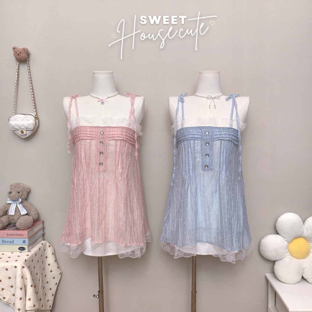 SweetHouse #669   เสื้อสายเดี่ยวแต่งลูกไม้ ผ้า Rossy (ผ้าบางมีซับใน) ผูกบ่าระบายลูกไม้แต่งกระดุมเพชรน่ารักมากกก ราคา ถูกที่สุด ดีลบีเคเค แกลเลอรีภาพที่ 3