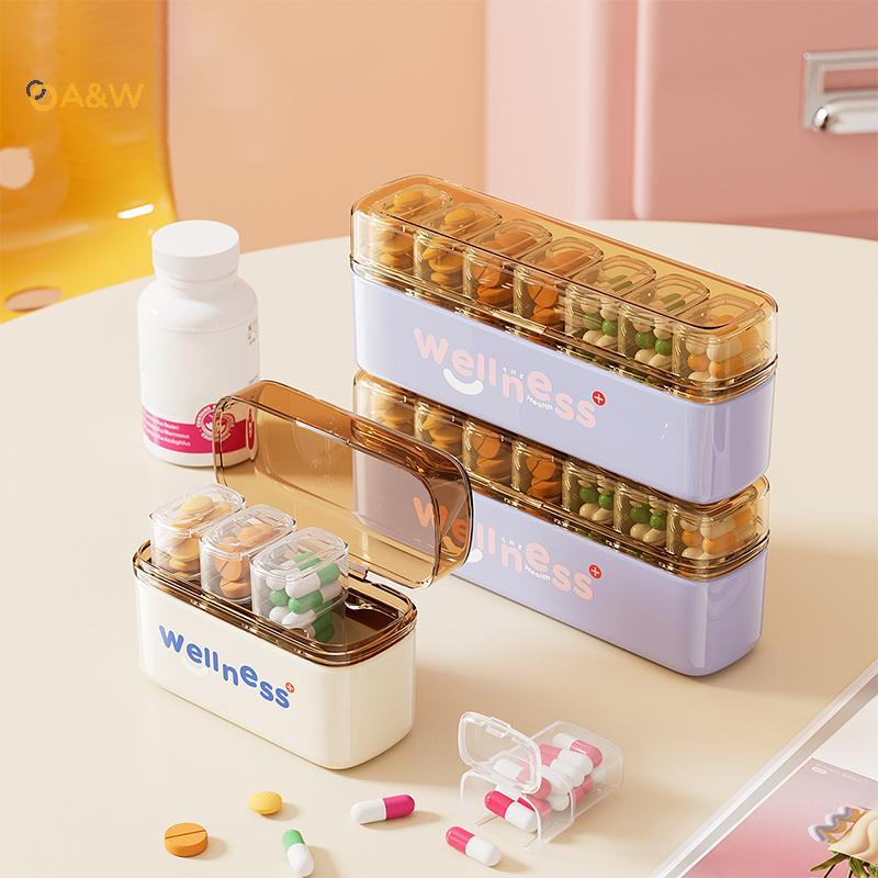 A&W กล่องยาแบบพกพาขนาดเล็ก Health Travel Supply Moisture Proof Daily Medicine Dispensing 4/7partment