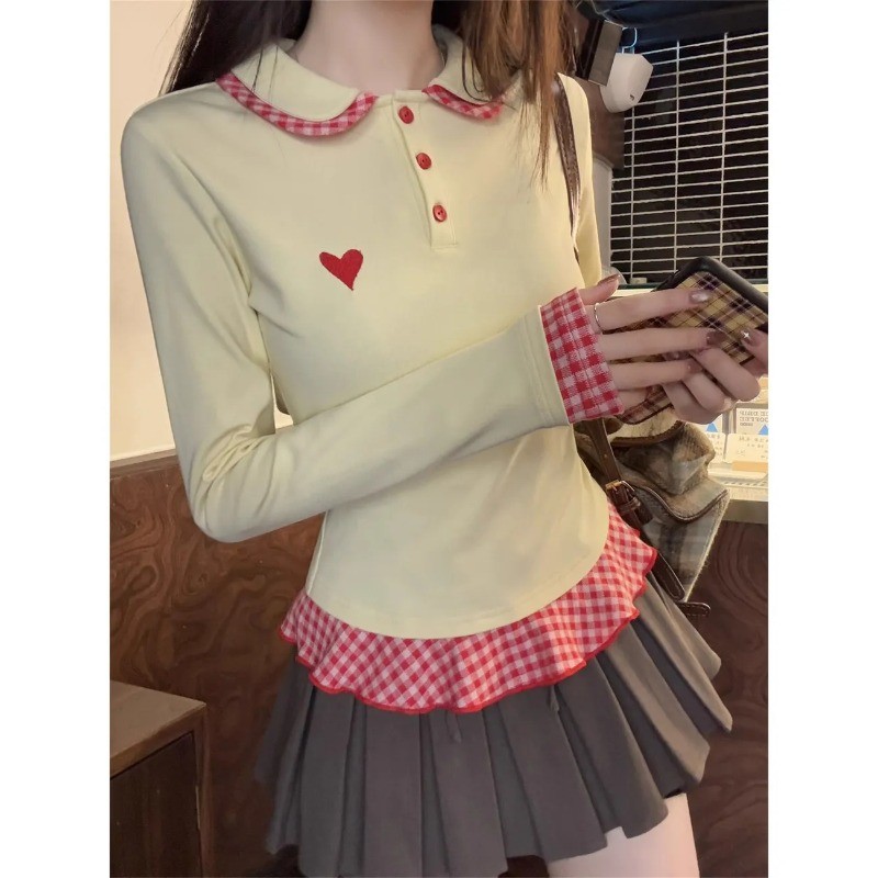 NOVA-เสื้อยืดผู้หญิง แขนยาว ตรวจสอบประกบ ปก หวาน น่ารัก วิทยาลัย
