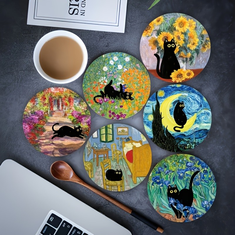 6ชิ้นแมวดําธีมรถไฟเหาะไม้ชุดนอร์ดิกสไตล์เรียบง่ายทนความร้อนกันลื่นป้องกันสก์ท็อปกันลื่นป้องกัน @-