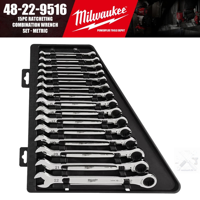 Milwaukee 48-22-9516 15PC Ratcheting Combine ชุดประแจ - เครื่องมือช่างเมตริก