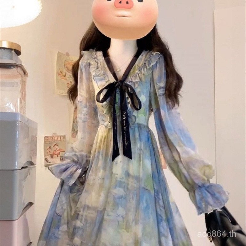 กระโปรงนักเรียนใหม่ลายหมึกอ่อนโยนสไตล์ป่า คอปกสไตล์พระราชวัง โบว์ฝรั่งเศส WNS3