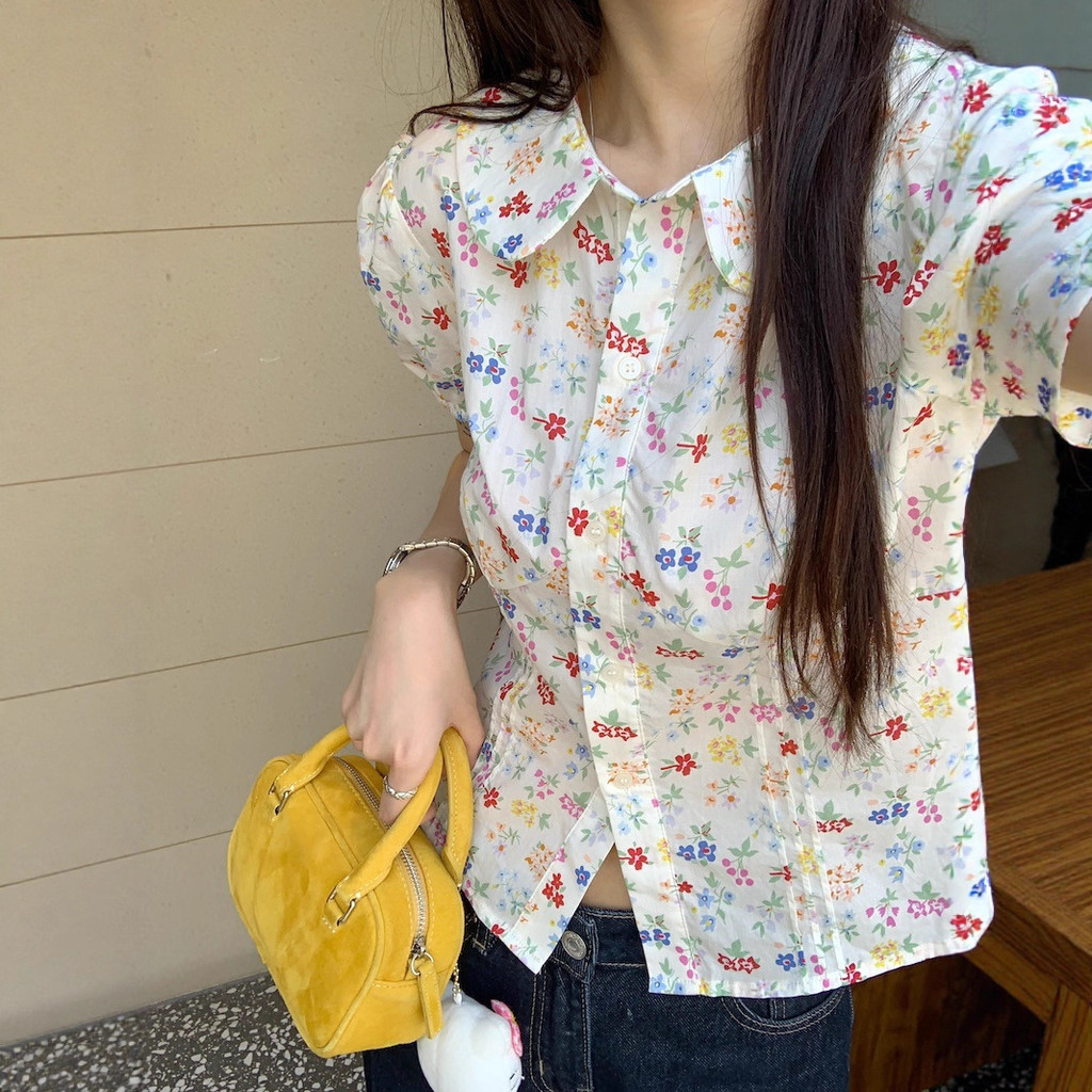 เสื้อแขนสั้นสไตล์เกาหลี summer สำหรับผู้หญิง ตัดเย็บ.slim fit มีรายละเอียดพัฟแขนดอกไม้