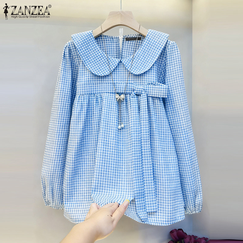 ZANZEA เสื้อลายสก๊อตแขนโบว์ pleated สไตล์เกาหลี retro — صورة 8