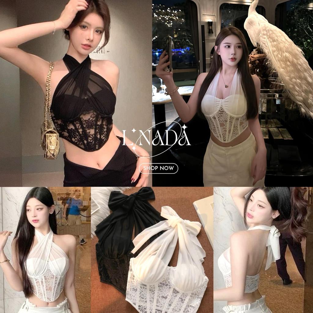 L'NADA【พร้อมส่ง】เสื้อคอร์เซทเกาะอก สายไขว้แขวนคอ มัดได้ใส่ได้หลายแบบ มี2สี